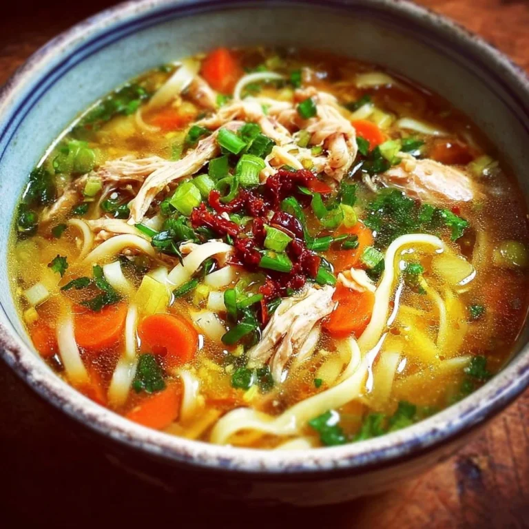 Bowl of aromatic ginger garlic chicken noodle soup with herbs and spices