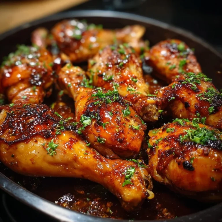 Baked honey garlic chicken drumsticks garnished and ready to serve.