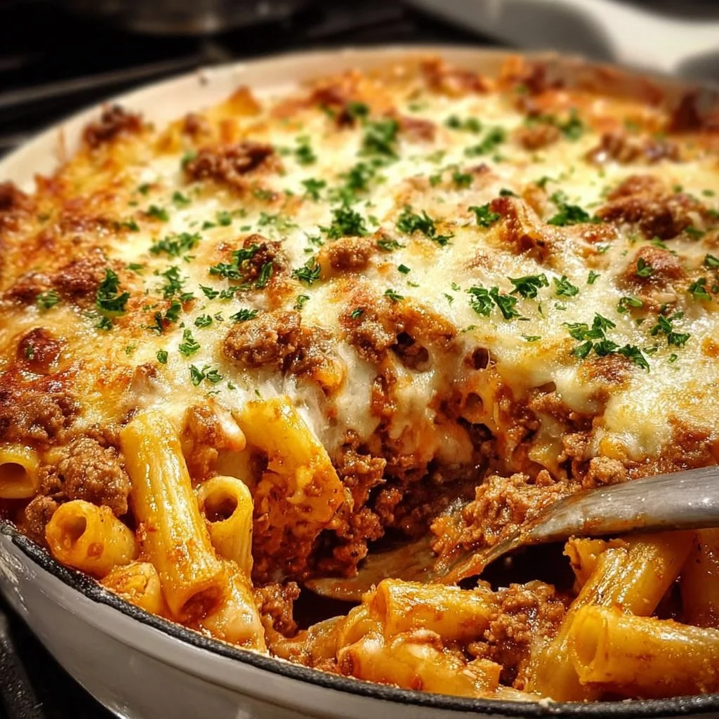 Delicious Baked Ziti with Ground Beef served in a creamy tomato sauce