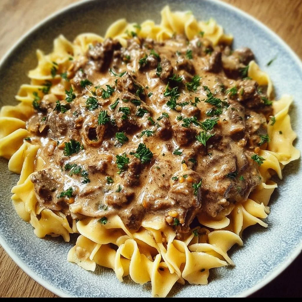 Delicious Beef Stroganoff made with ground beef served in a creamy sauce
