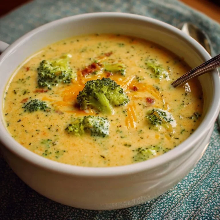 Bowl of creamy Broccoli Cheddar Soup garnished with cheese and herbs.