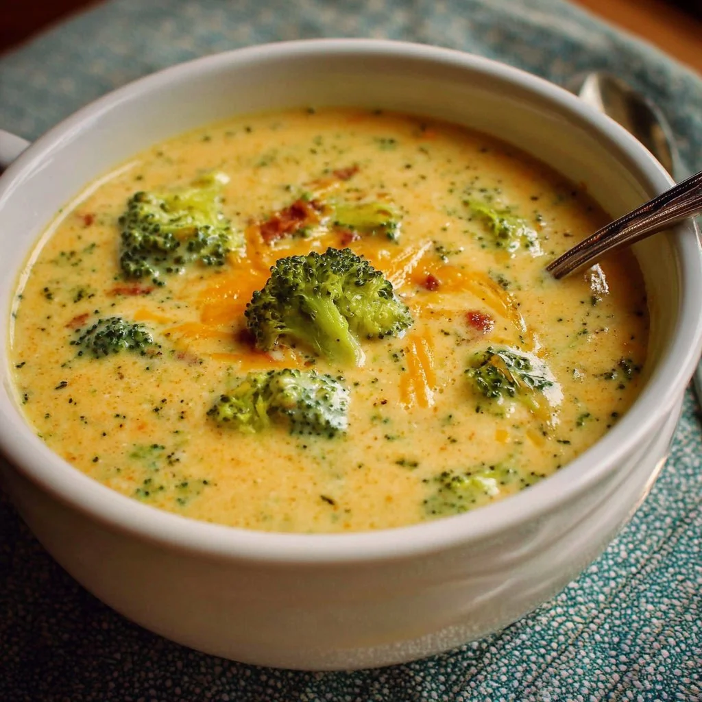 Bowl of creamy Broccoli Cheddar Soup garnished with cheese and herbs.