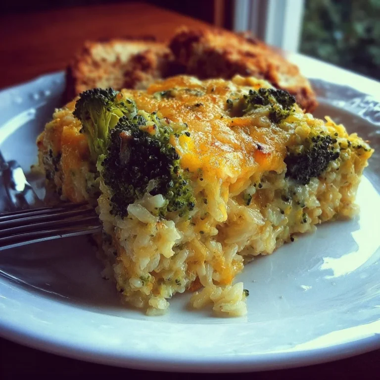 Delicious broccoli rice casserole with cheese and herbs in a baking dish