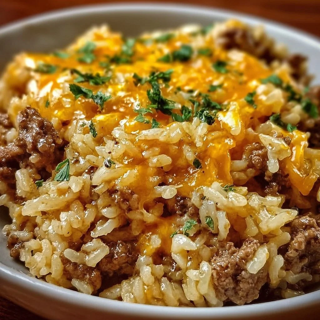 Cheesy hamburger rice casserole served in a dish, garnished with herbs.