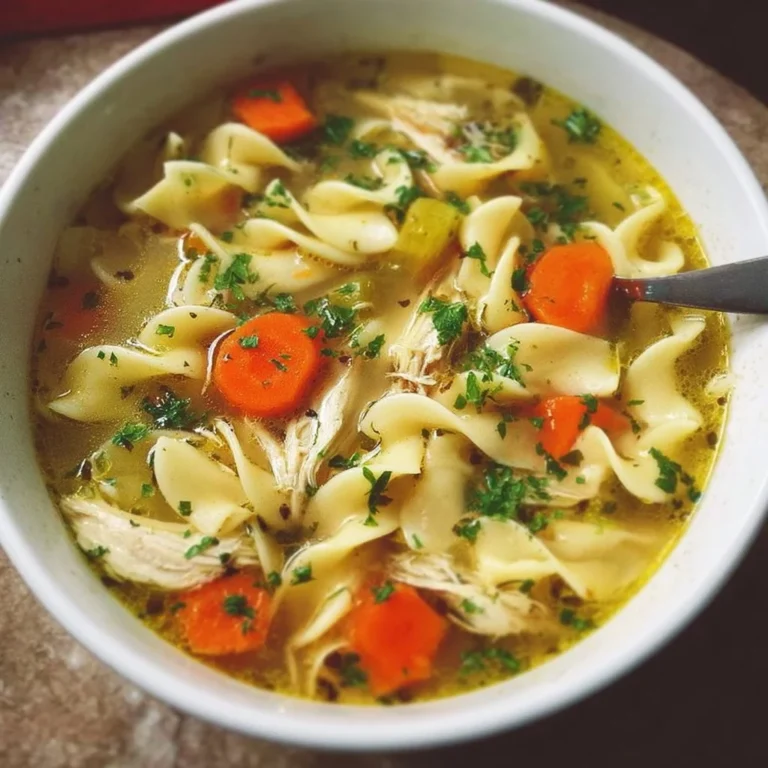 Bowl of comforting Chicken Noodle Soup with vegetables and herbs