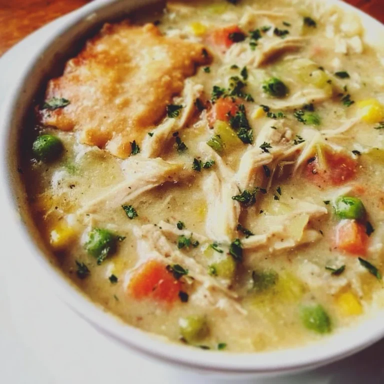 Delicious Chicken Pot Pie Soup in a bowl with fresh herbs