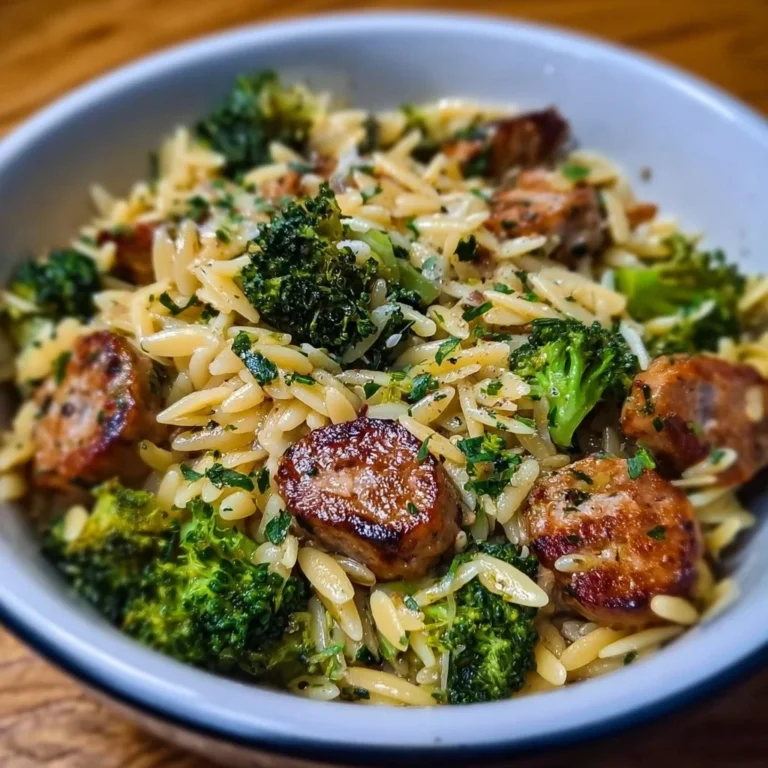 Chicken sausage and broccoli orzo dish served in a bowl