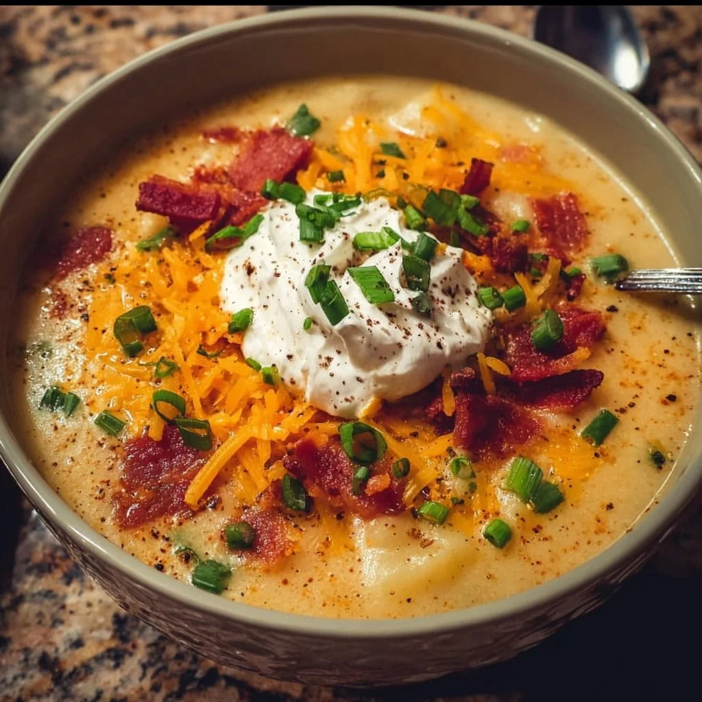 Bowl of comforting loaded baked potato soup topped with bacon, cheese, and chives.