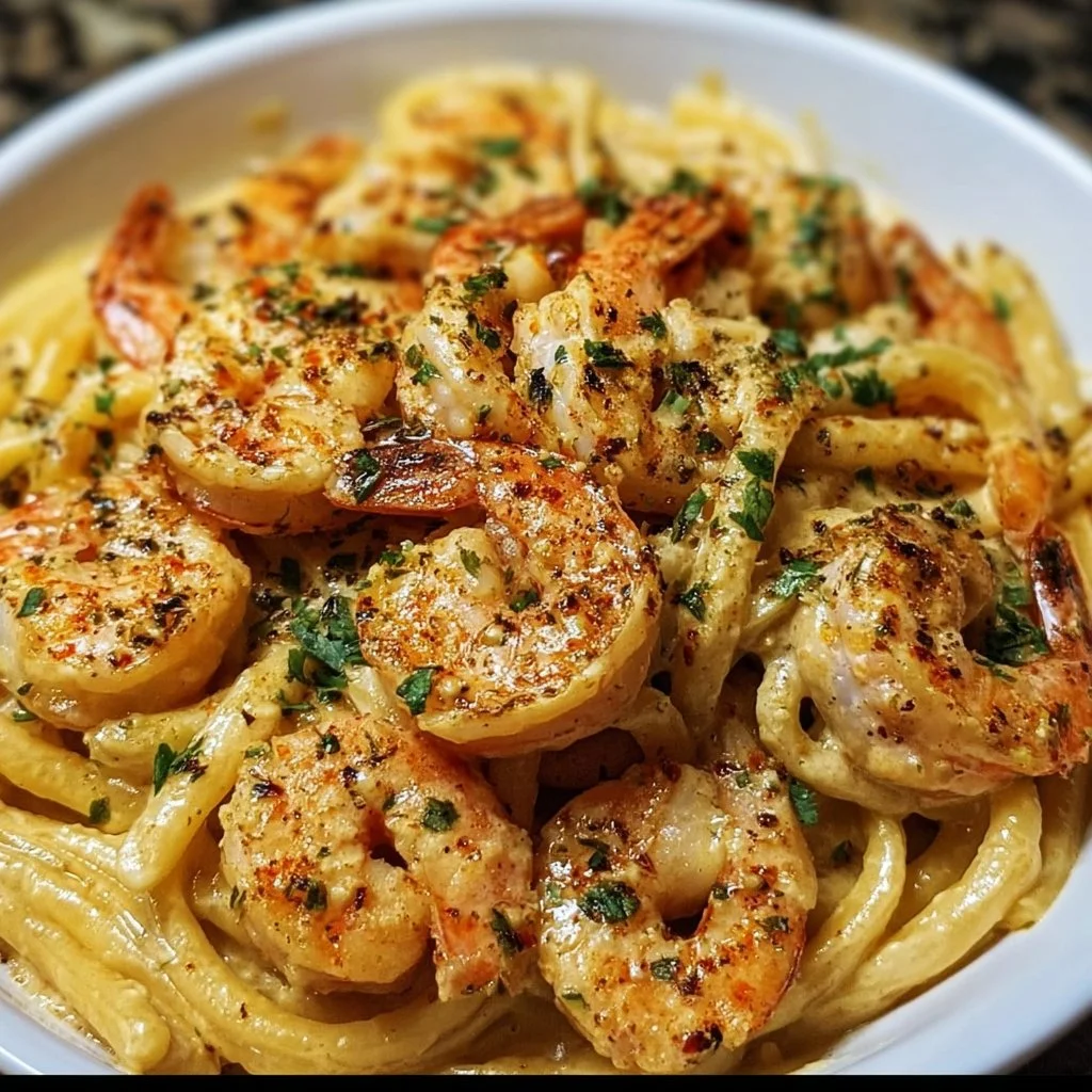Delicious creamy Cajun shrimp pasta served in a bowl