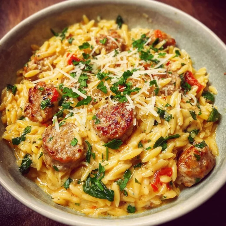 Creamy one-pot Italian sausage orzo in a bowl garnished with parsley