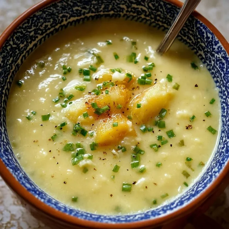 Bowl of creamy potato leek soup garnished with fresh herbs