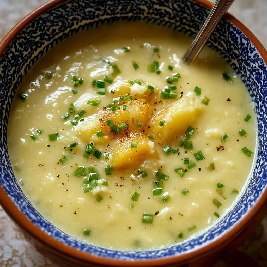 Bowl of creamy potato leek soup garnished with fresh herbs