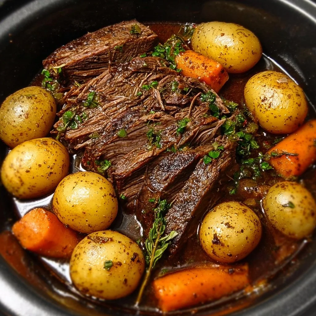 Crock Pot pot roast meal with vegetables and gravy