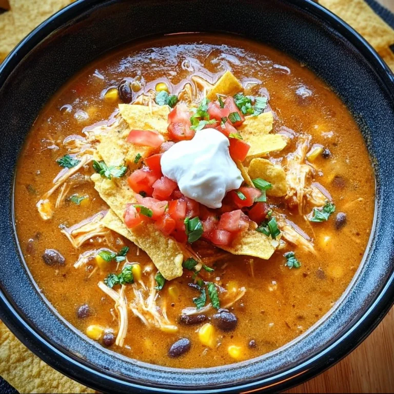 Bowl of Crockpot Chicken Tortilla Soup garnished with tortilla strips and cilantro