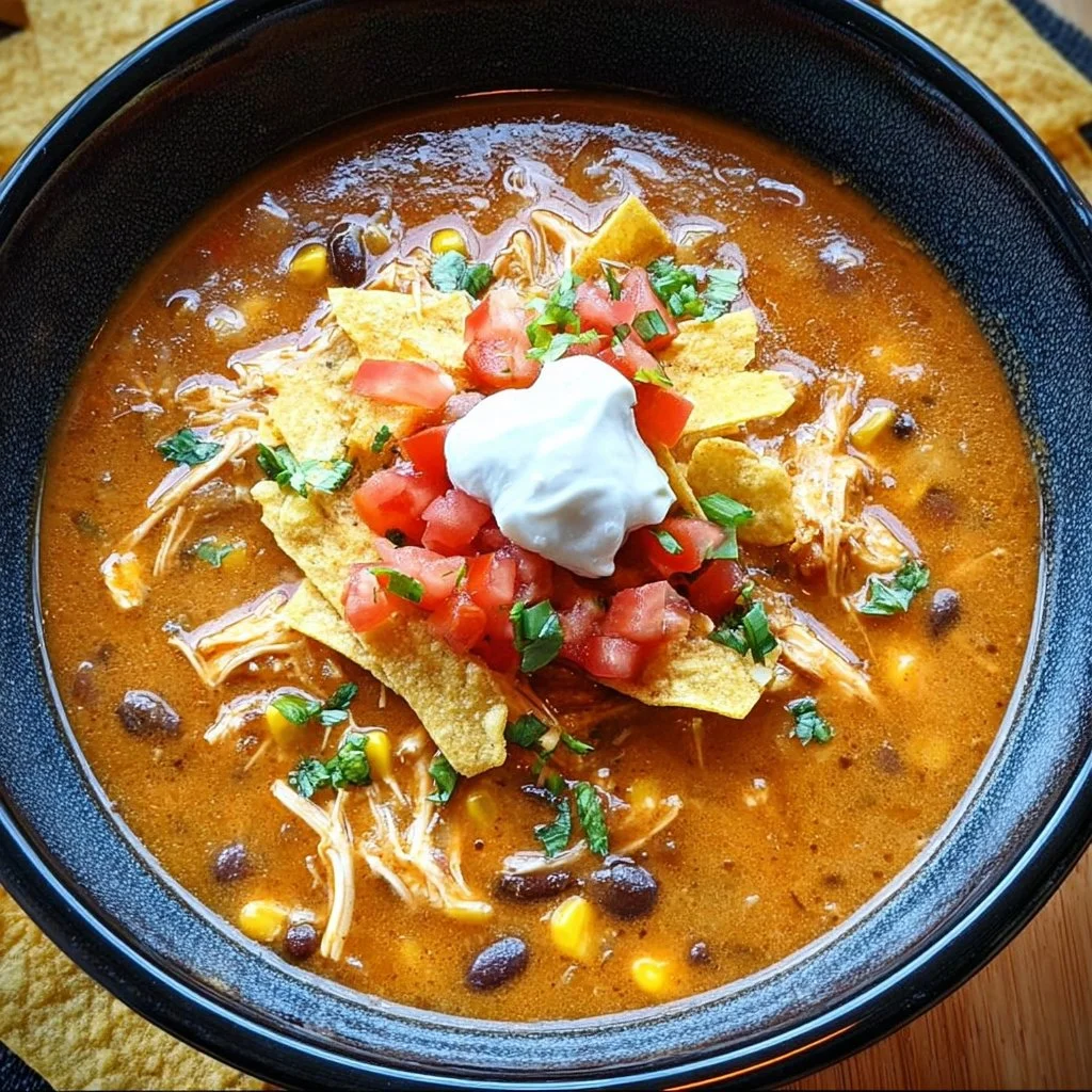 Bowl of Crockpot Chicken Tortilla Soup garnished with tortilla strips and cilantro