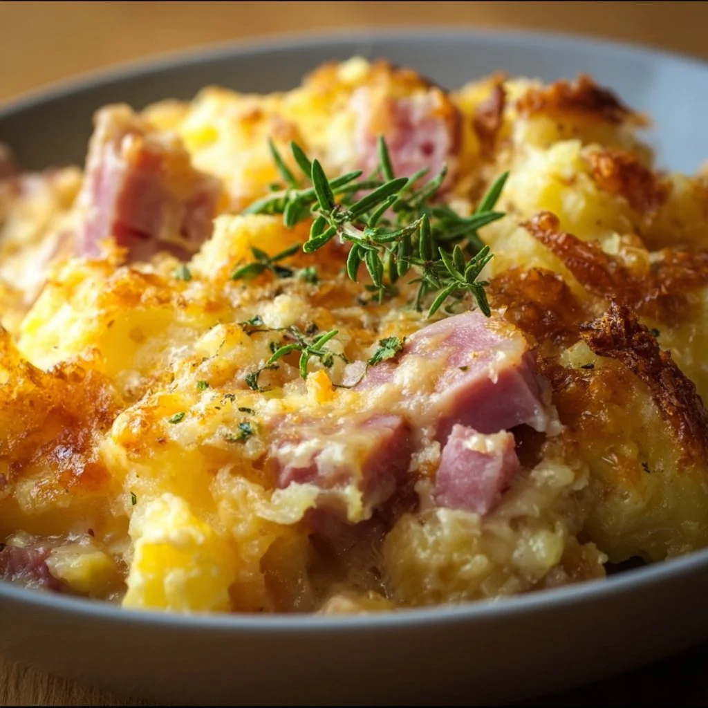 Delicious Crockpot Ham and Potato Casserole served on a plate