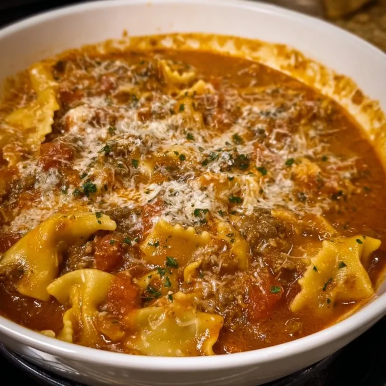 A bowl of hearty Crockpot Lasagna Soup with melted cheese and pasta