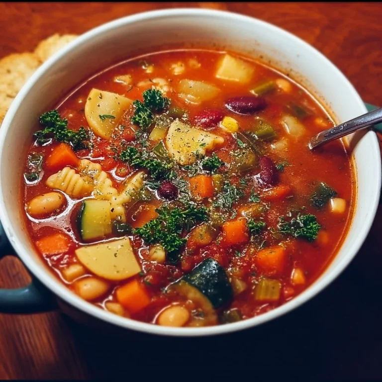 Bowl of Crockpot Minestrone Soup with fresh vegetables and herbs