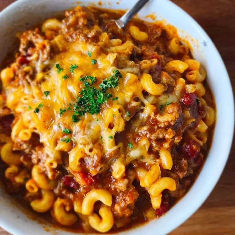 Bowl of easy chili mac topped with cheese and herbs