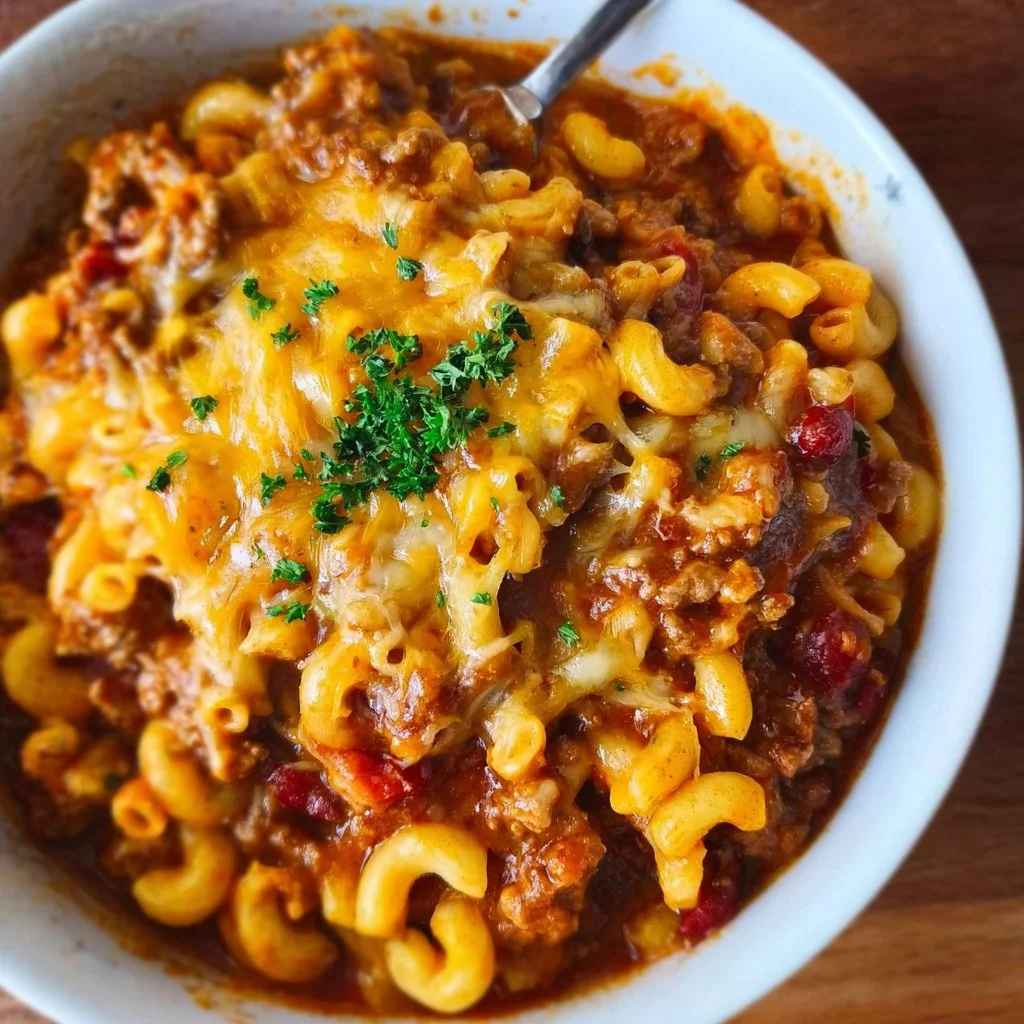 Bowl of easy chili mac topped with cheese and herbs