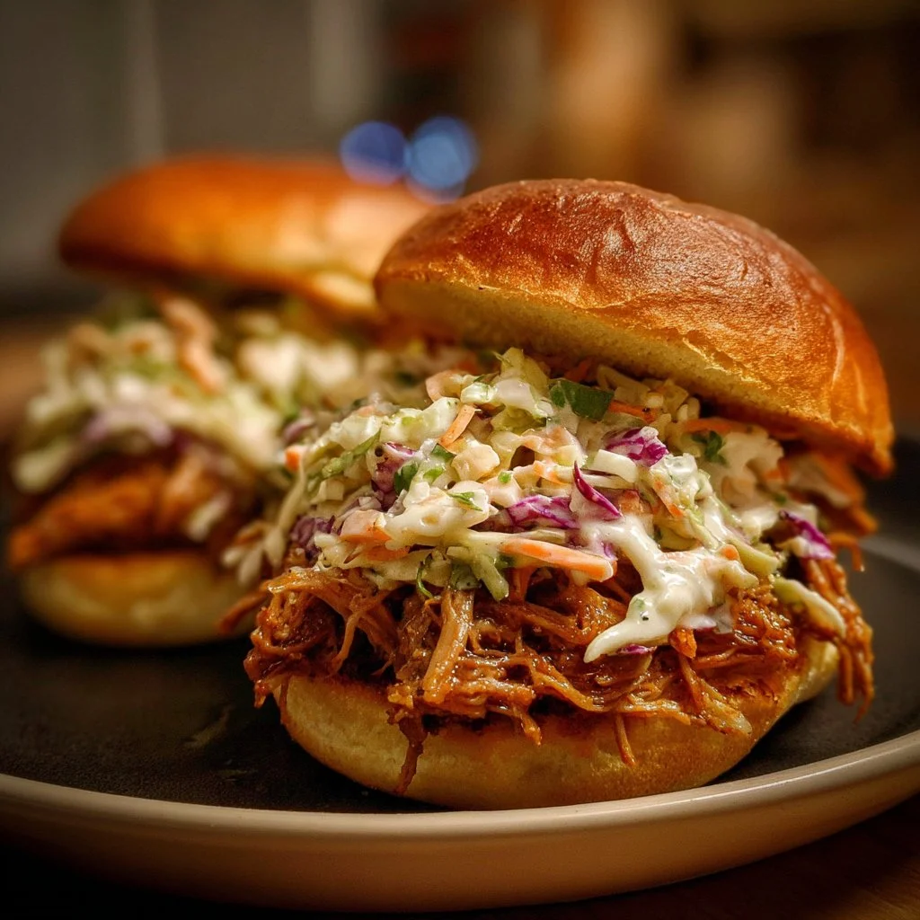 Delicious easy pulled pork sandwiches served with fresh coleslaw