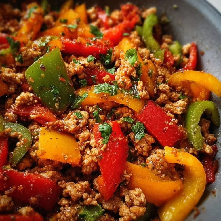 Colorful dish of Ground Turkey and Peppers cooked in a skillet