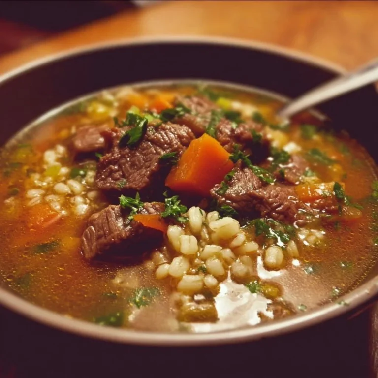 Bowl of hearty beef barley soup with vegetables and tender beef