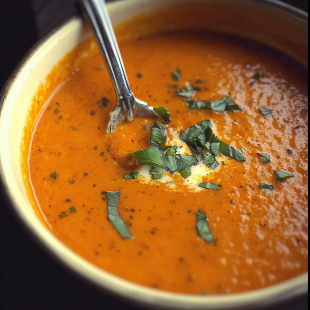 Bowl of homemade tomato basil soup garnished with fresh basil leaves.