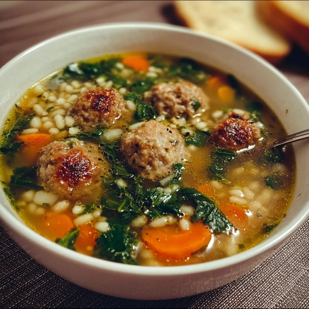 Bowl of Italian Wedding Soup with meatballs and greens