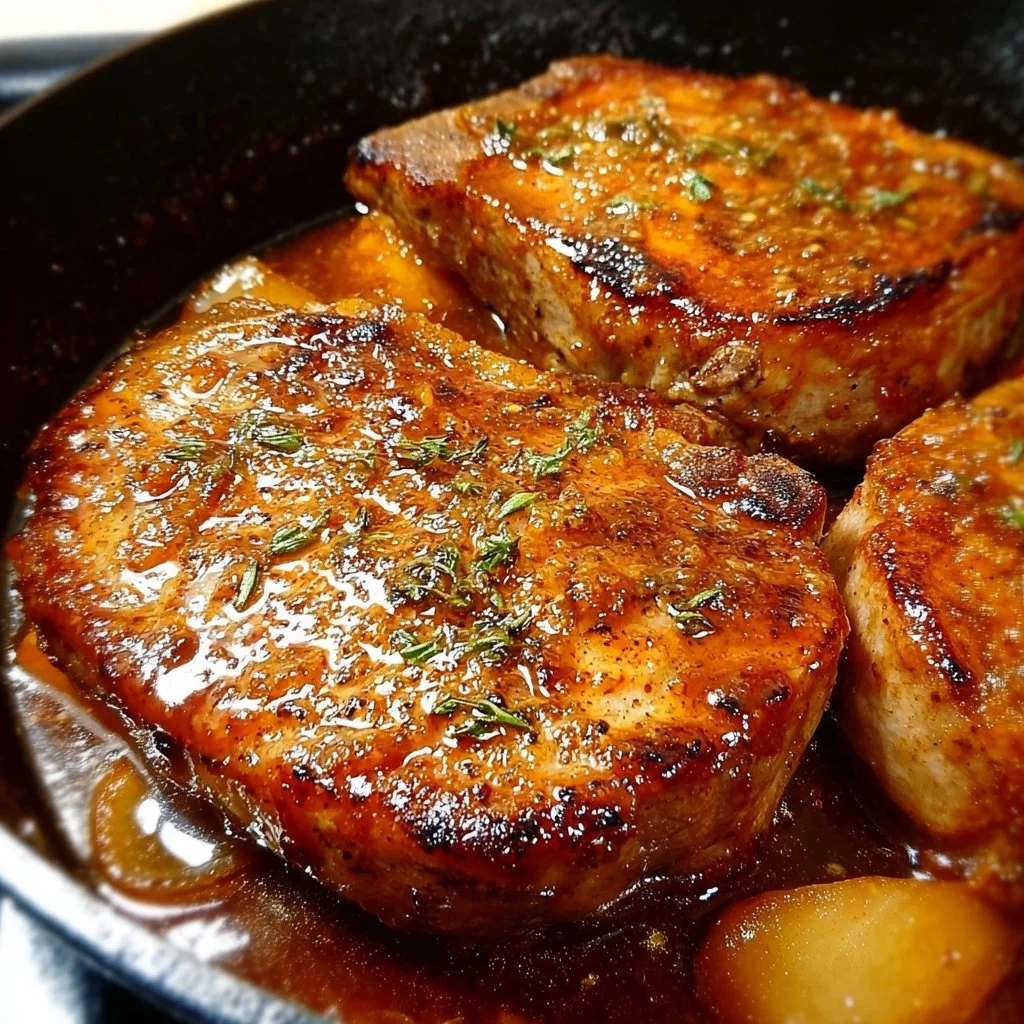 Juicy apple butter pork chops served with sides
