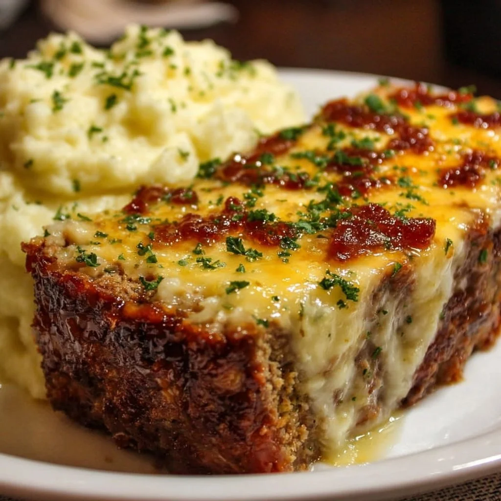 A hearty meatloaf served with creamy mashed potatoes and melted cheese