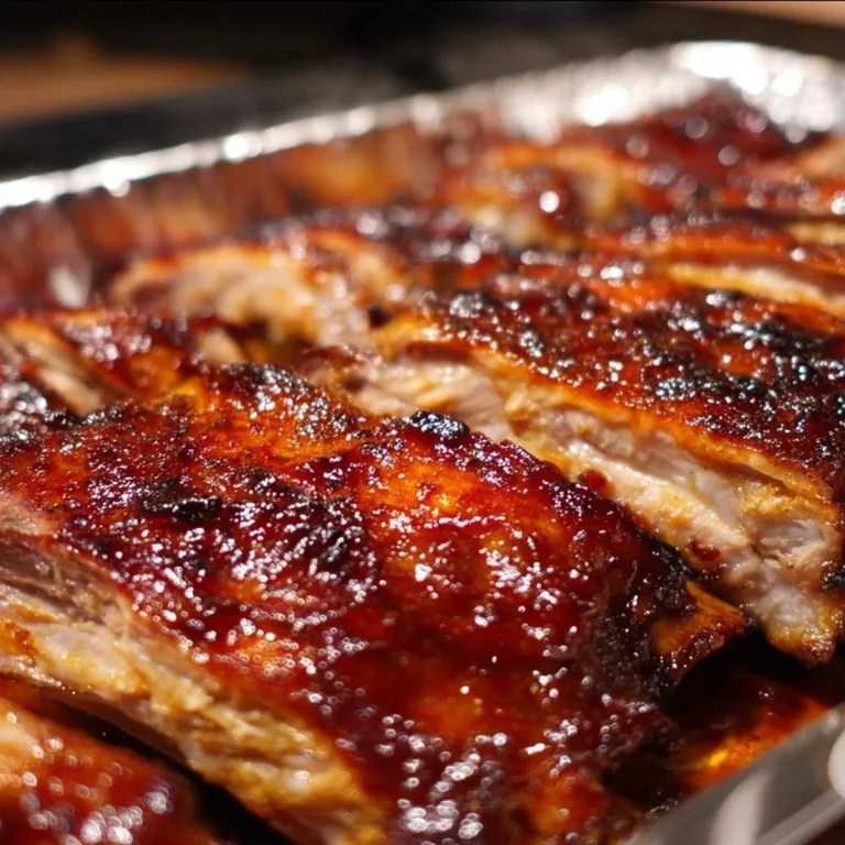 Oven baked barbecue ribs, tender and juicy, ready to serve on a platter.