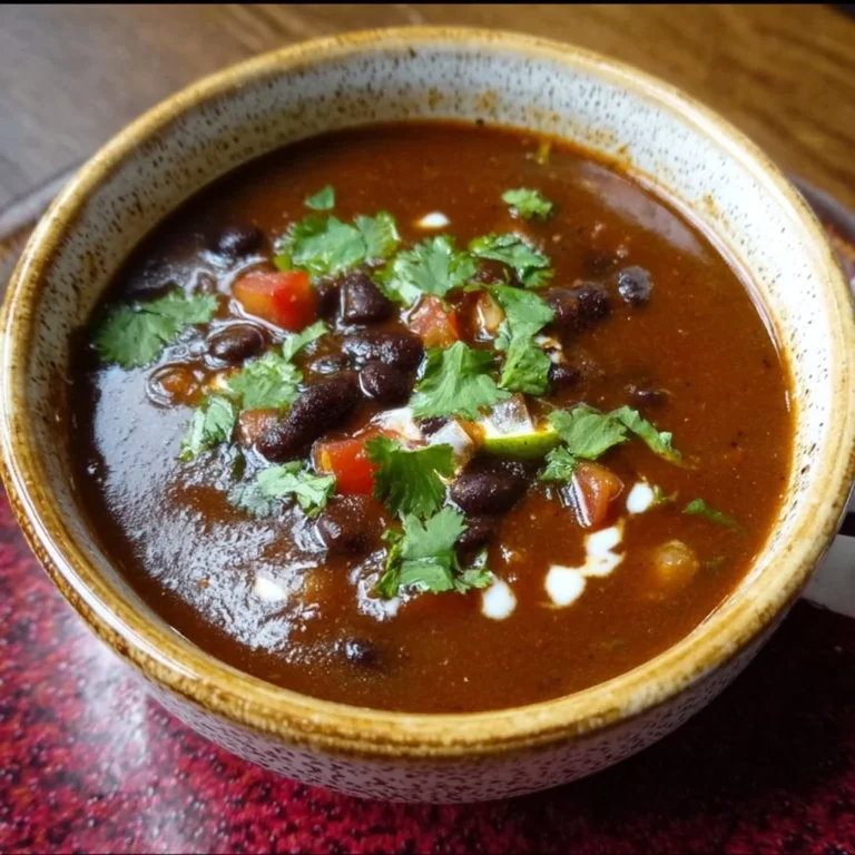 Bowl of Mexican style black bean soup garnished with avocado and cilantro