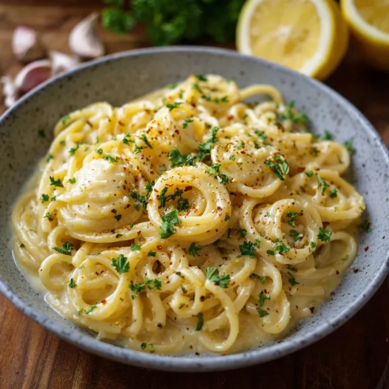One Pot Garlic Butter Pasta served in a bowl with herbs and parmesan cheese