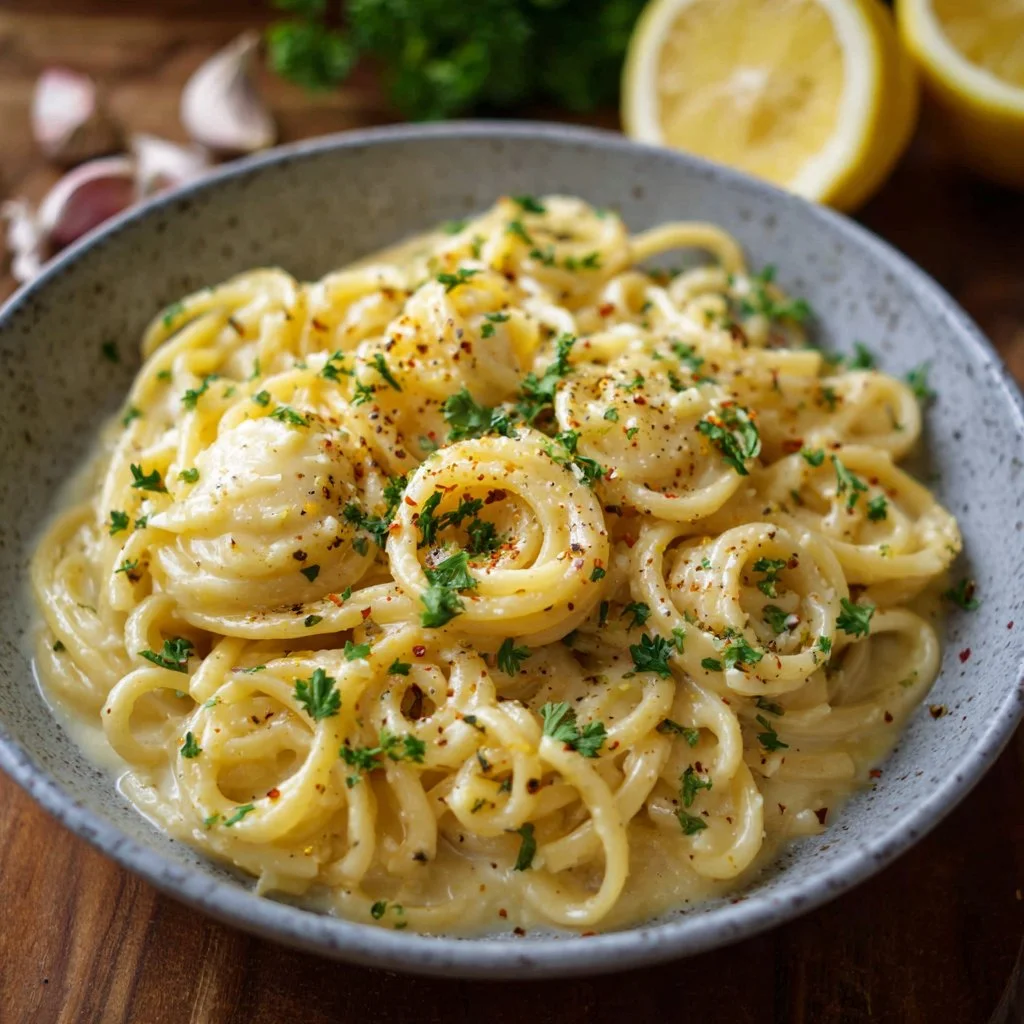 One Pot Garlic Butter Pasta served in a bowl with herbs and parmesan cheese