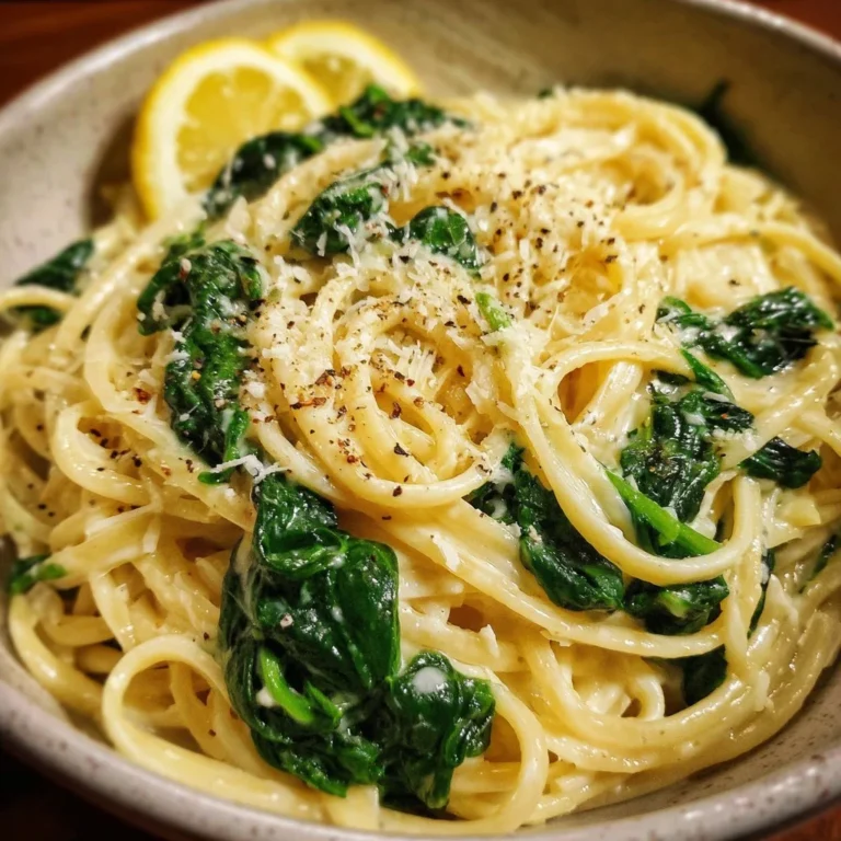 One pot lemon spinach pasta dish with lemon zest and fresh spinach
