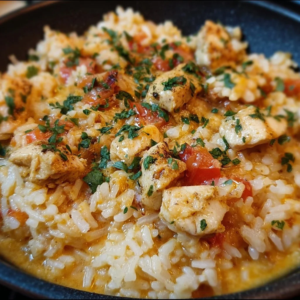 One Pot Queso Chicken and Rice served in a bowl with cheese and herbs