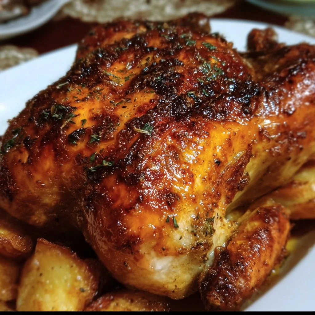 Perfectly roasted whole broiler chicken served on a platter with herbs.