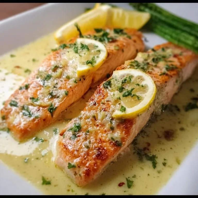 Salmon fillet with garlic lemon butter sauce on a plate