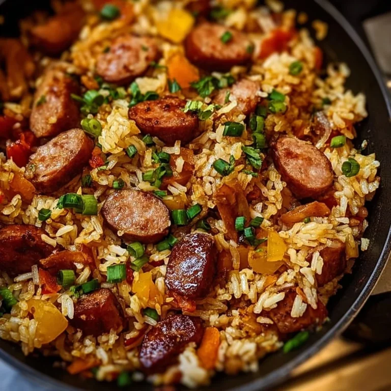 Delicious sausage and rice skillet, a flavorful one-pan meal.