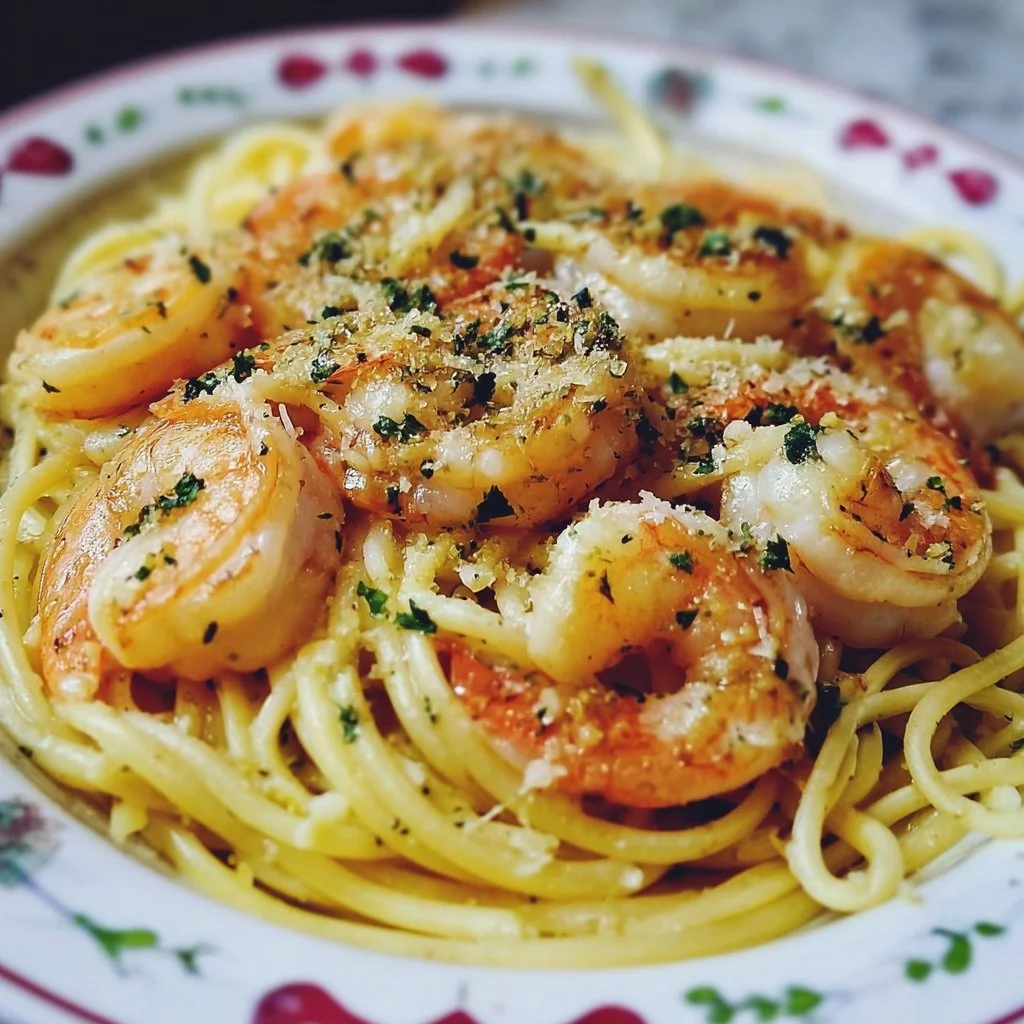 Delicious Shrimp Scampi Pasta drizzled with garlic butter and served with herbs.