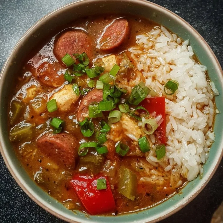 Bowl of slow cooker gumbo with chicken and sausage garnished with green onions