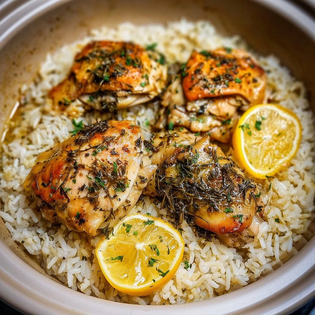 Slow cooker lemon herb chicken served with fluffy rice