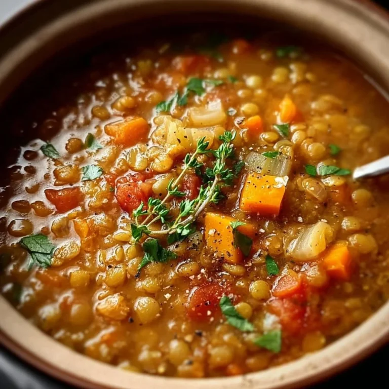 Slow Cooker Lentil Soup in a bowl garnished with fresh herbs