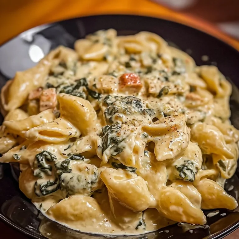Delicious Spinach-Artichoke-Dip Pasta served in a bowl with fresh spinach and artichokes