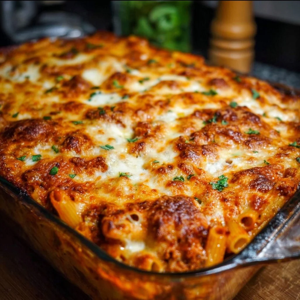 Delicious baked ziti with melted cheese and marinara sauce