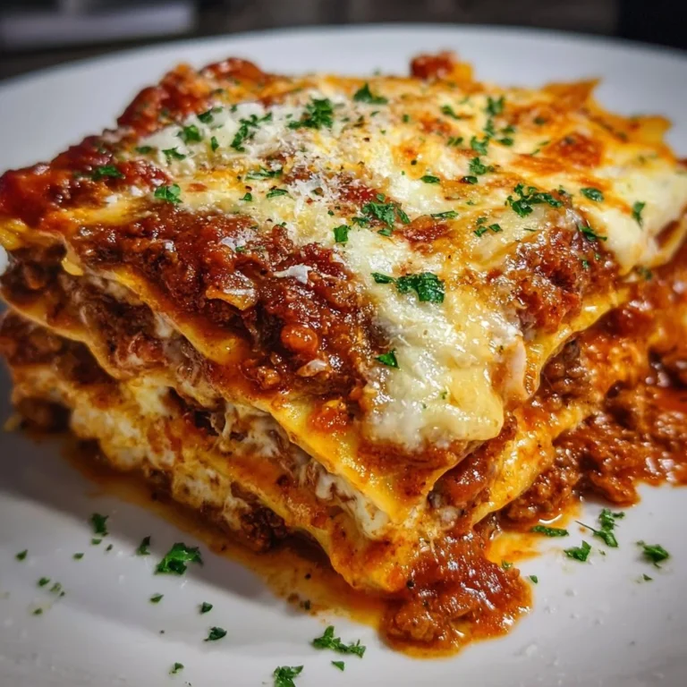 Delicious homemade lasagna topped with cheese and fresh herbs