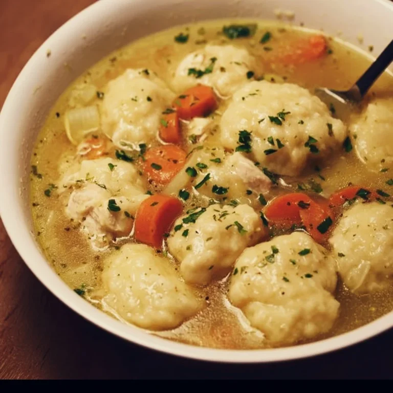 Bowl of homemade chicken and dumplings topped with fresh herbs