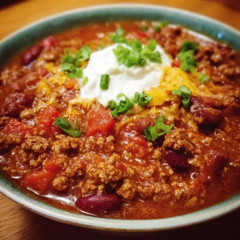 A bowl of The Pioneer Woman's homemade chili recipe, garnished and ready to serve.