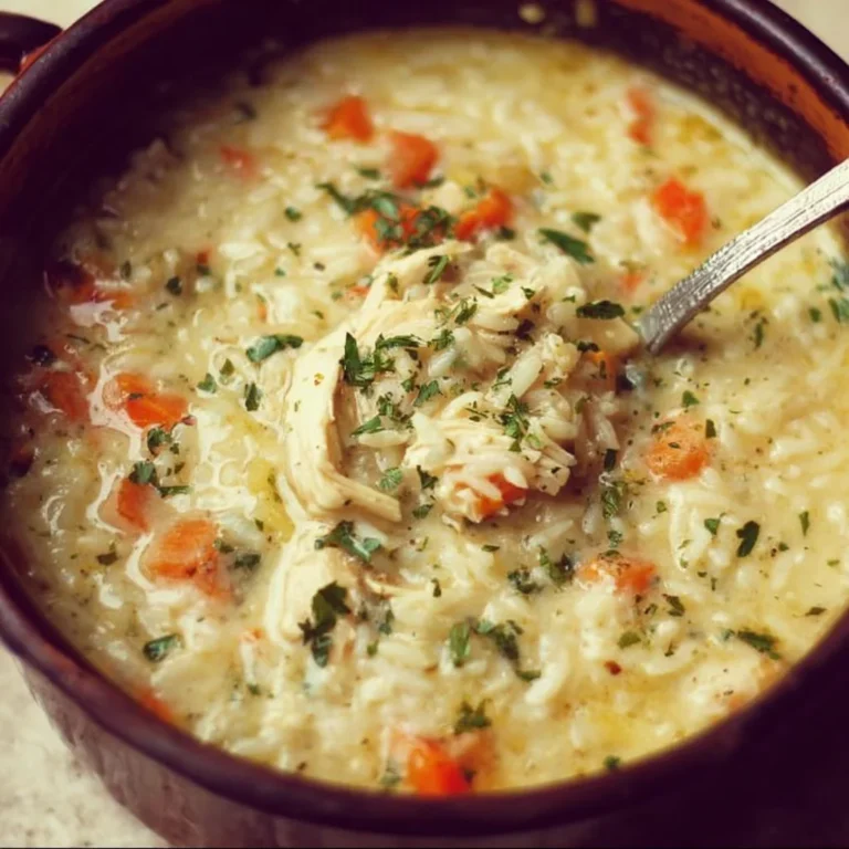 A bowl of creamy chicken rice soup topped with herbs and steam rising